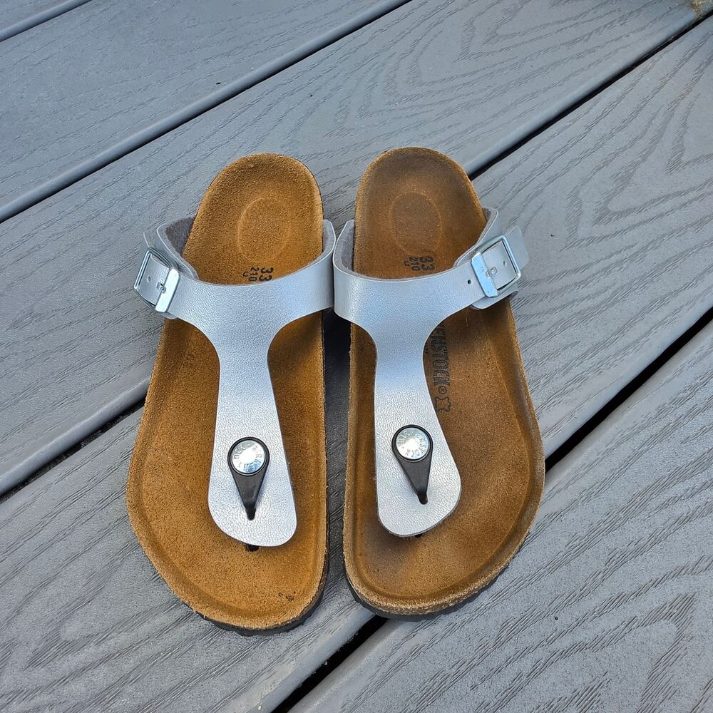 Birkenstock Girls Sandals Gizeh Birko Flor Silver Slide Thong, Size (33) 2 -2.5.